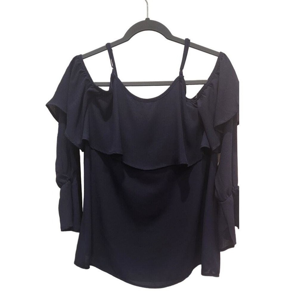 Blushing Heart Navy Blue Cold Shoulder Ruffle Long Sleeve Top Women's Size S - Picture 2 of 3